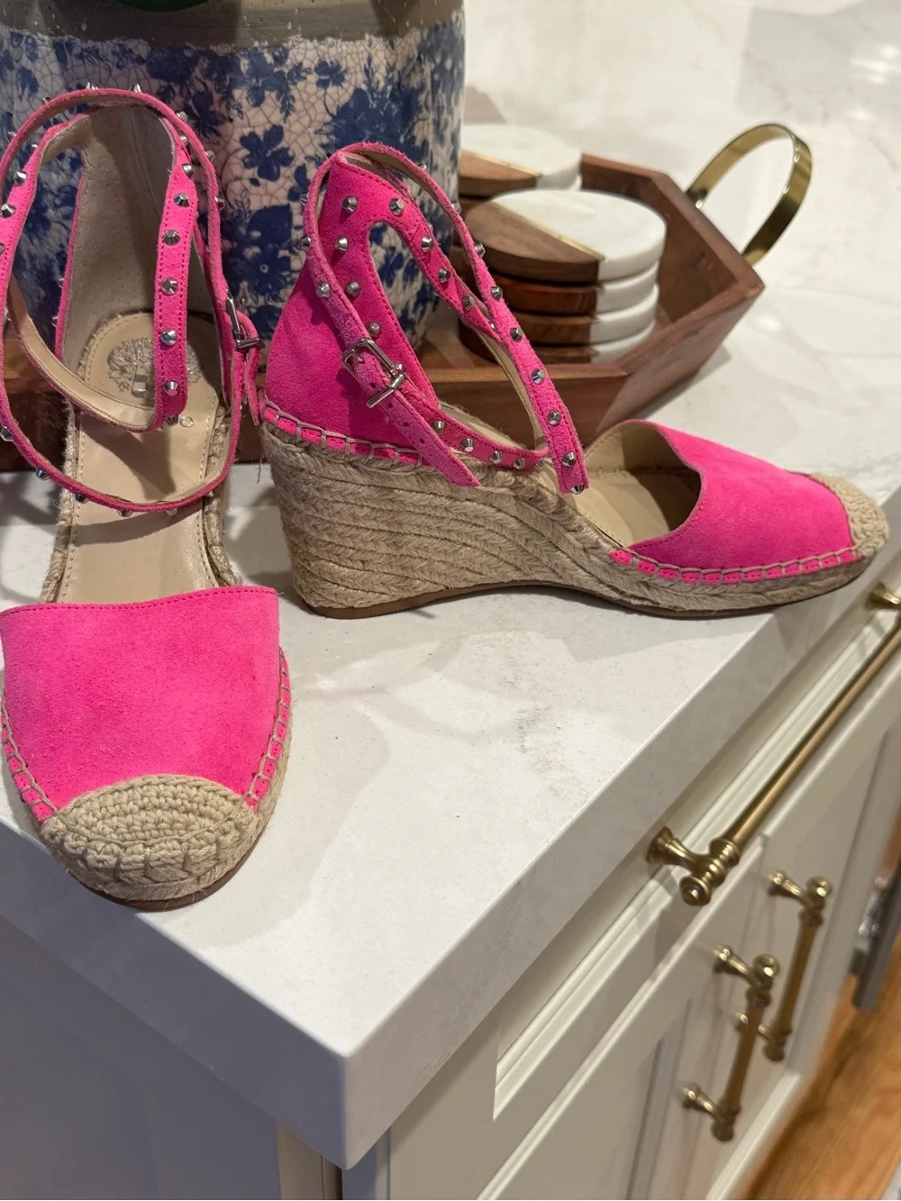 Vince Camuto Suede Vannissa Studded Ankle-Wrap Espadrille Wedges
